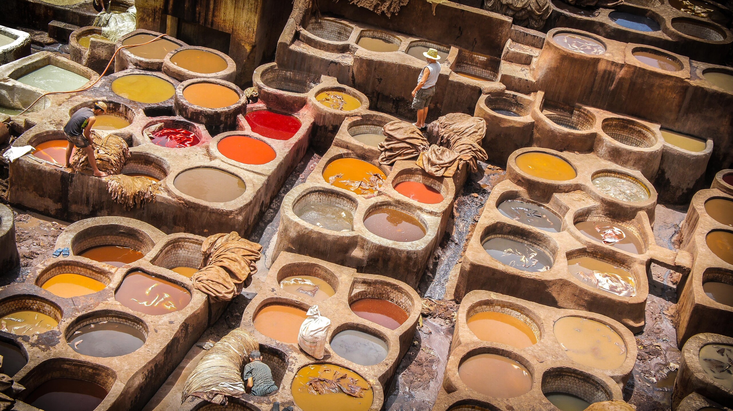 Colorful traditional tanneries in the medina of Fes, Morocco