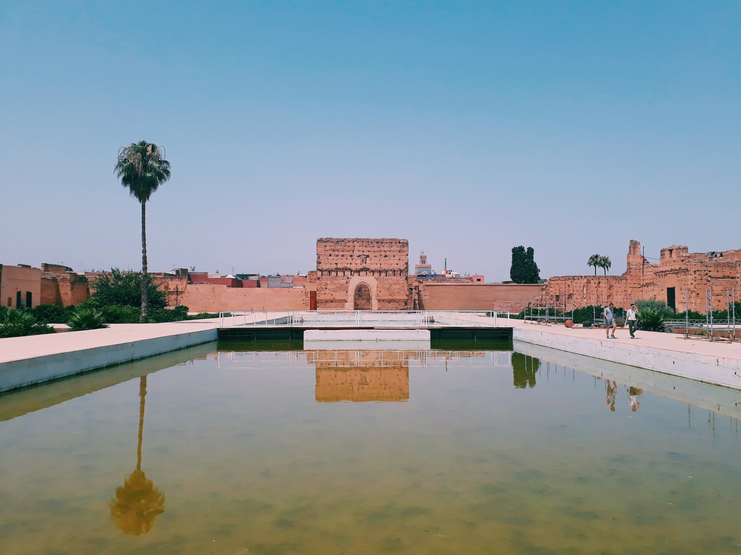 Koutoubia Mosque minaret framed by palm trees in Marrakech, Morocco