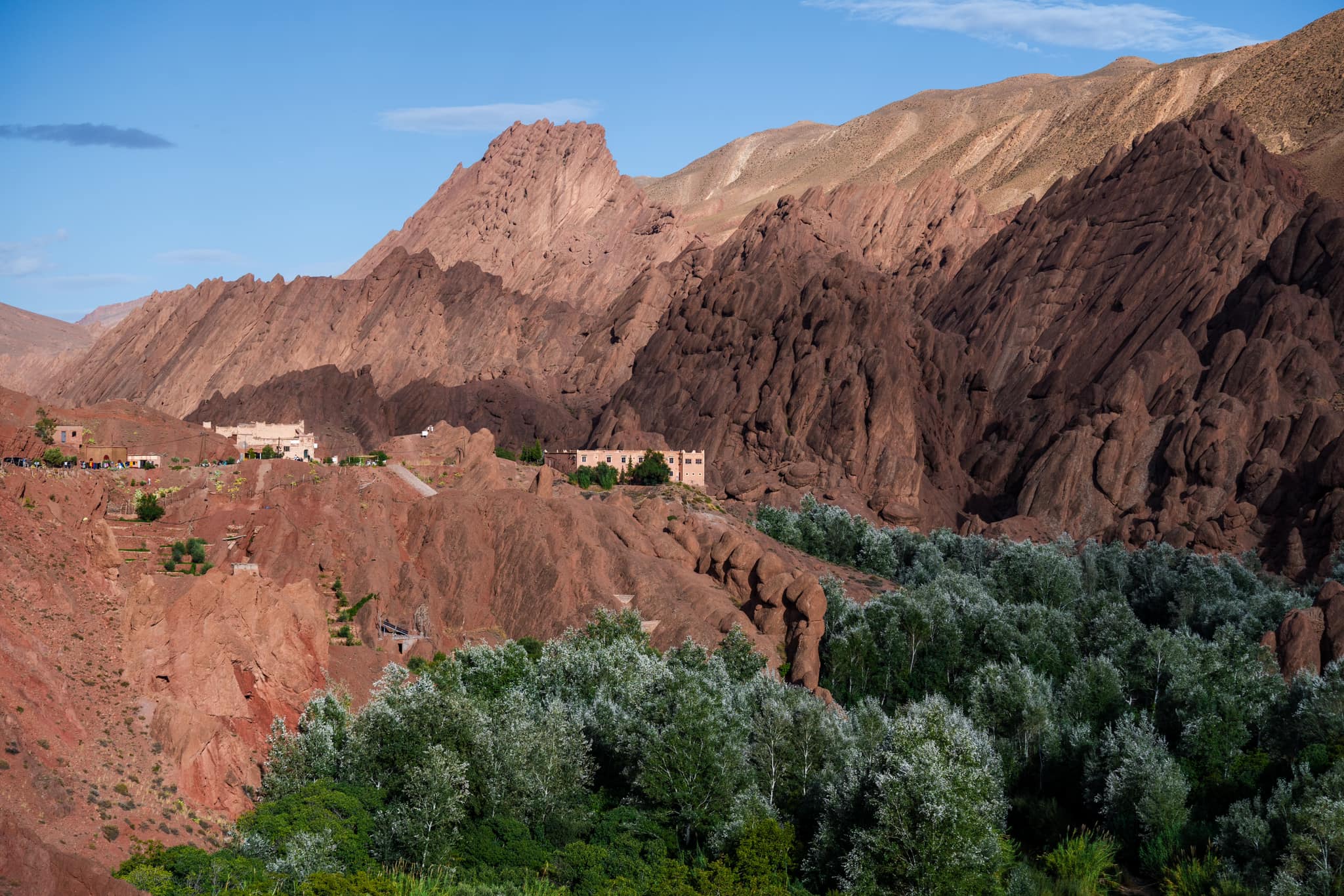 Kasbah and rose-coloured rock formations of the Dades Valley