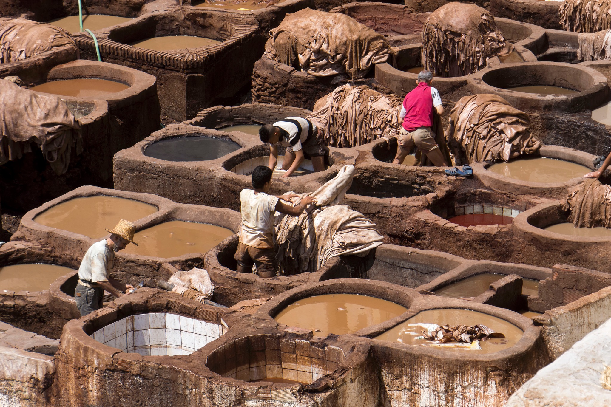 Colorful traditional tanneries in the medina of Fes, Morocco