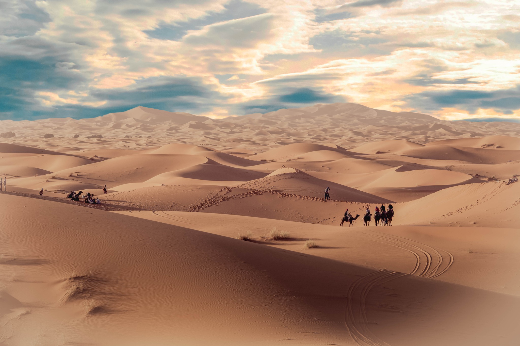 Camel trek across the dunes near Merzouga, Morocco
