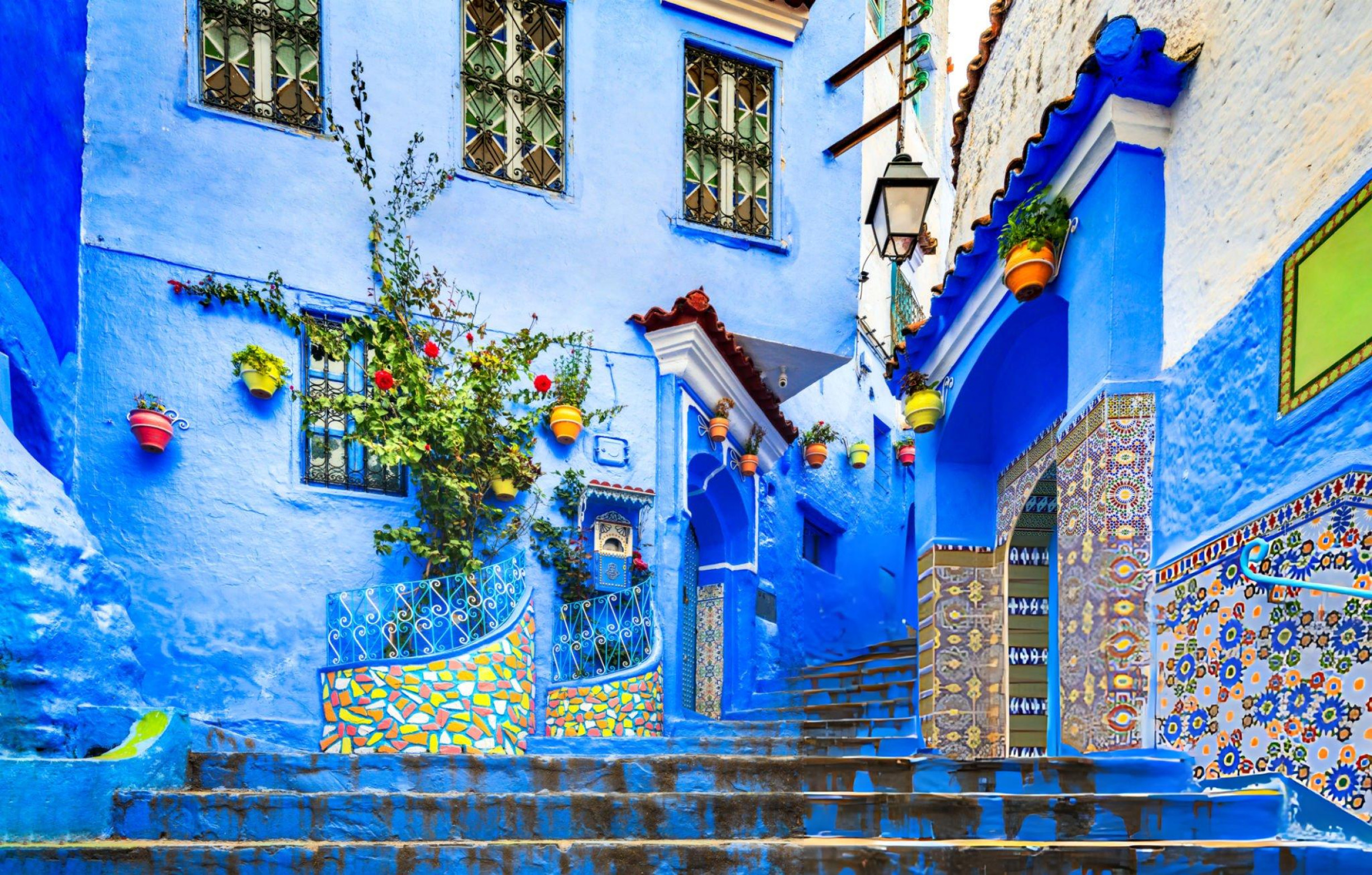 Blue-painted alley in Chefchaouen, Morocco