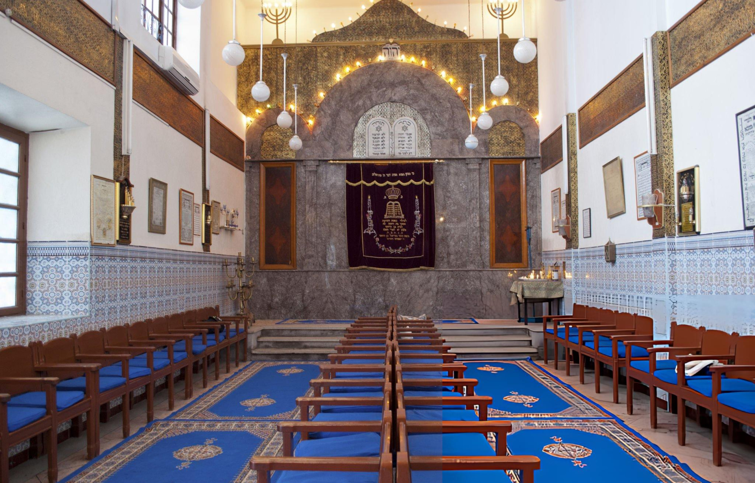 Historic synagogue interior in the Marrakech Mellah, Morocco